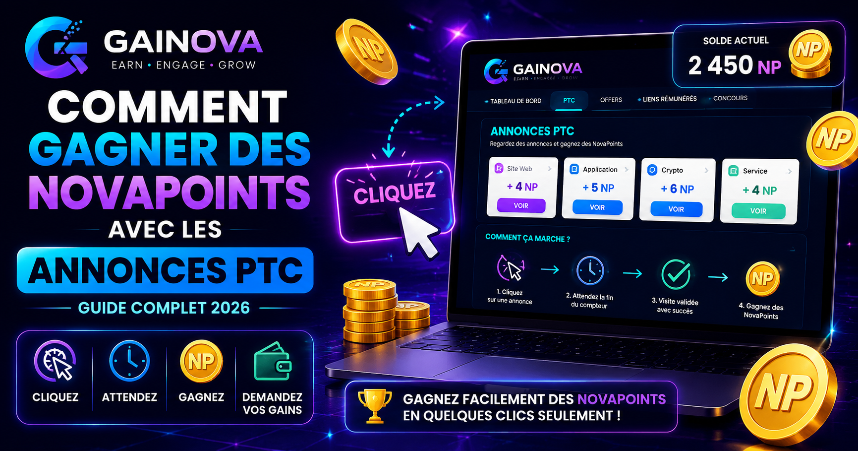 Guide des annonces PTC pour gagner des NovaPoints sur Gainova