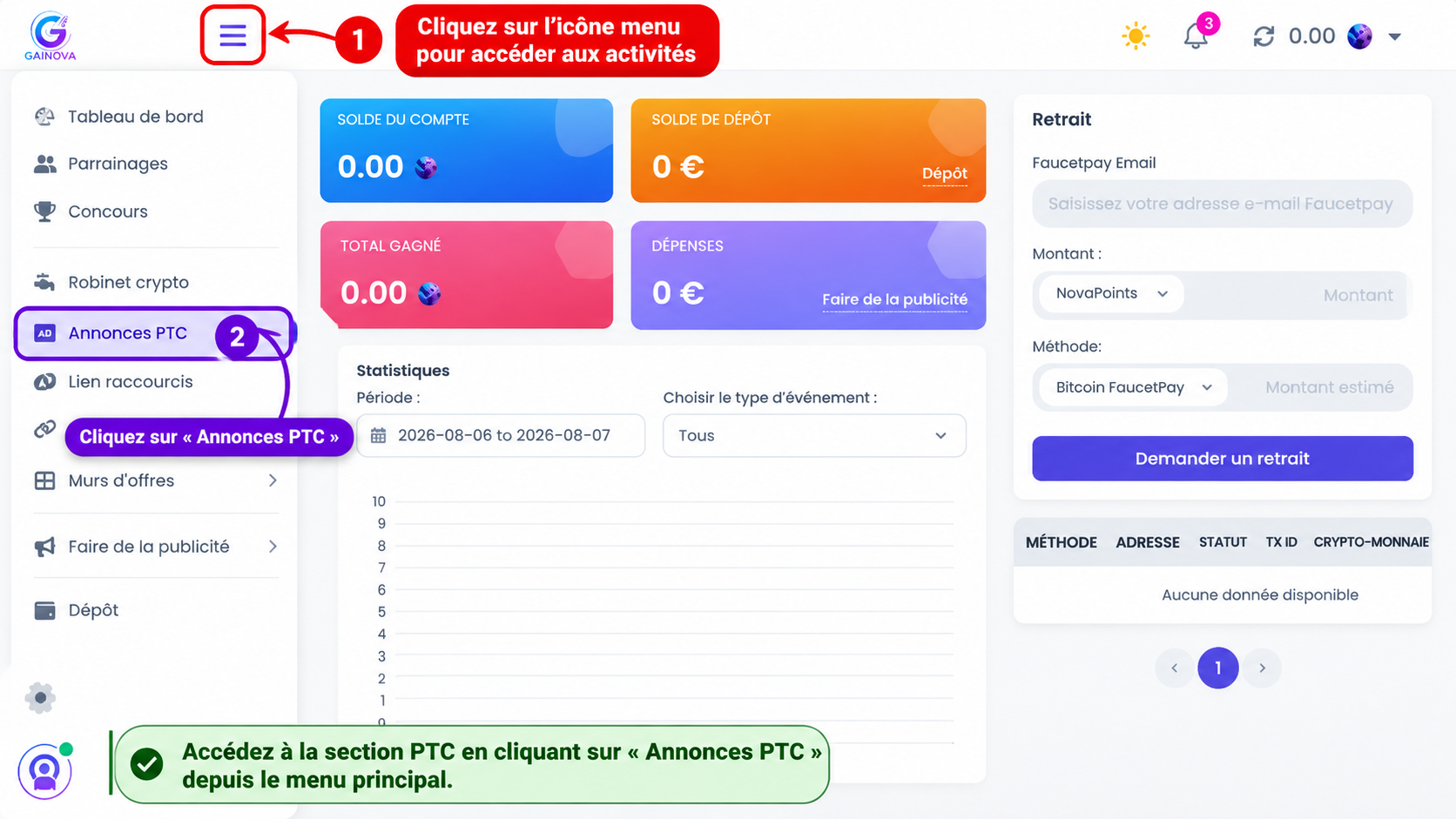 Accès aux annonces PTC depuis Gainova