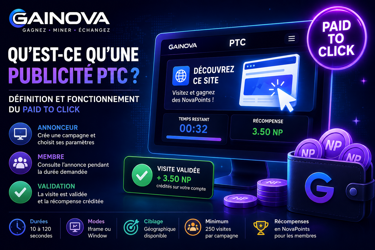 Fonctionnement de la publicité PTC Paid To Click sur Gainova