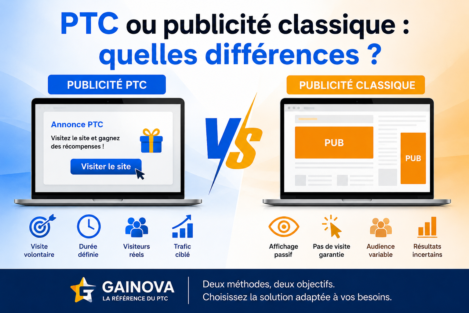 Comparaison entre publicité PTC et publicité classique sur Gainova