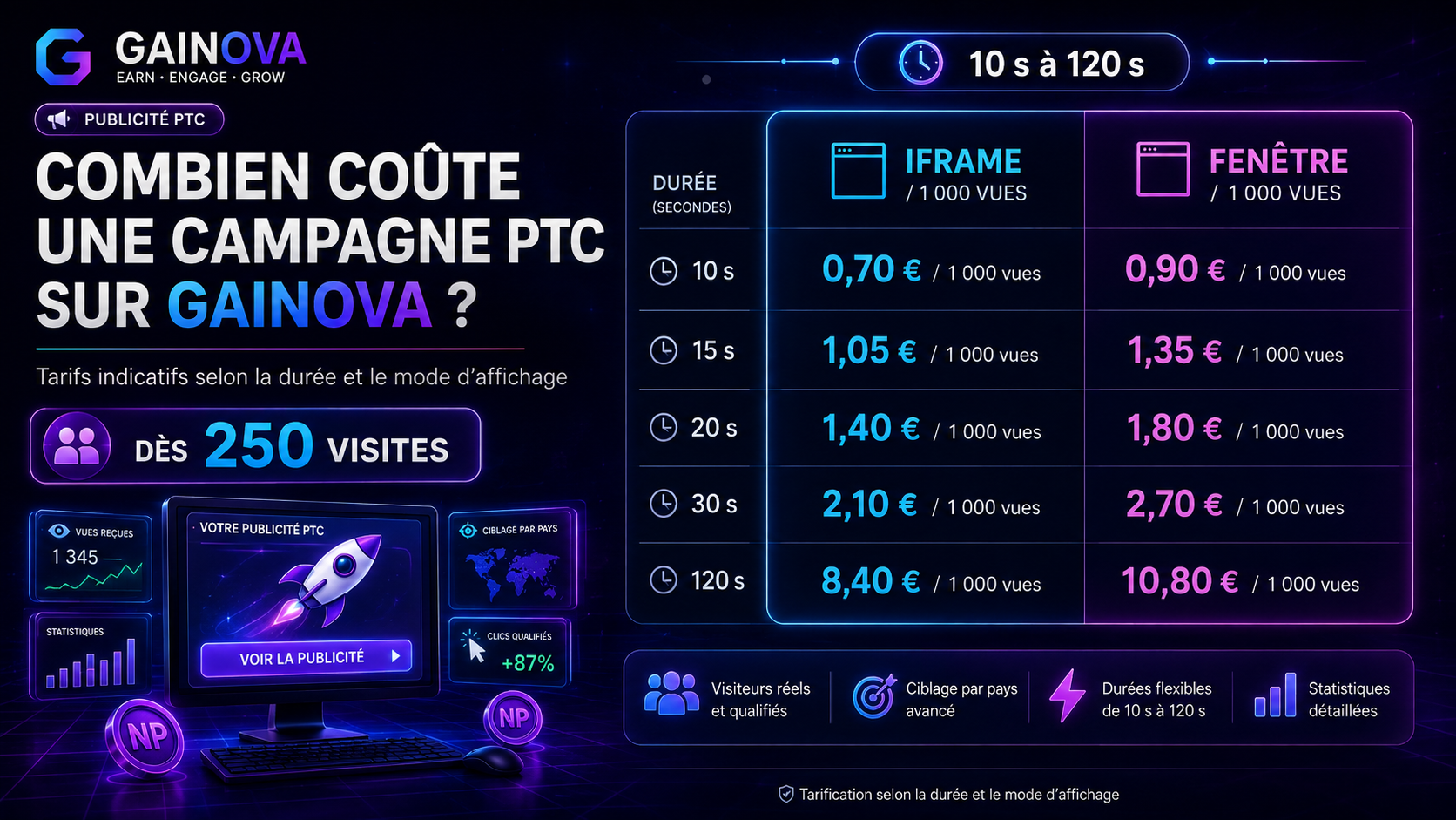 Prix et coût d’une campagne publicitaire PTC sur Gainova