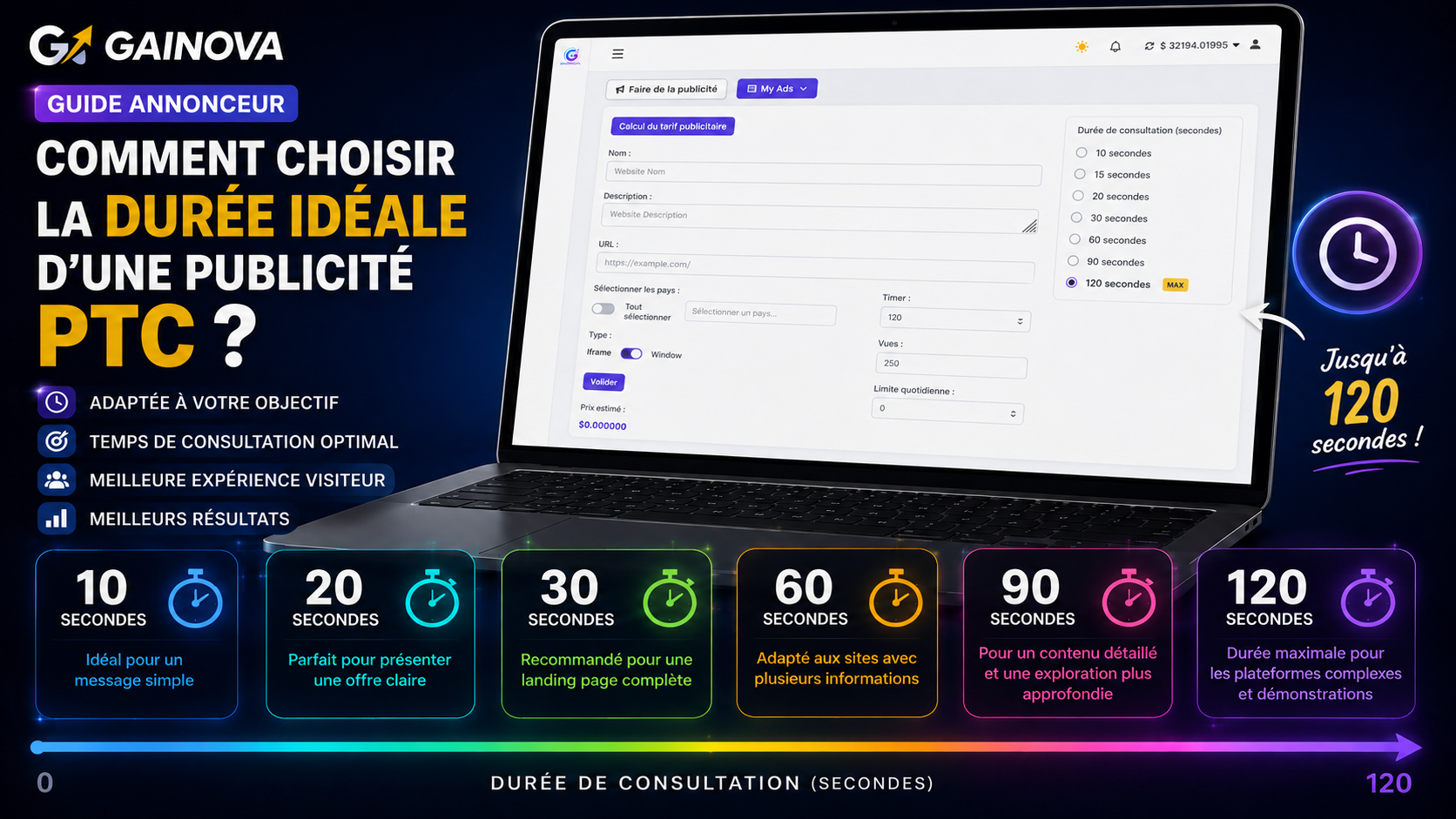 Choisir la durée idéale d’une publicité PTC de 10 à 120 secondes sur Gainova