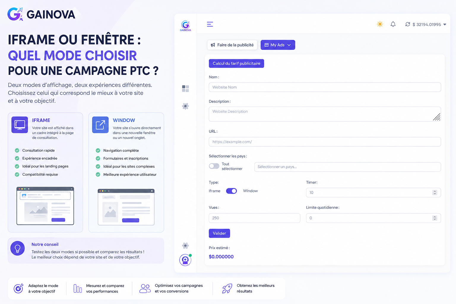 Comparer le mode Iframe et Window pour une campagne PTC sur Gainova